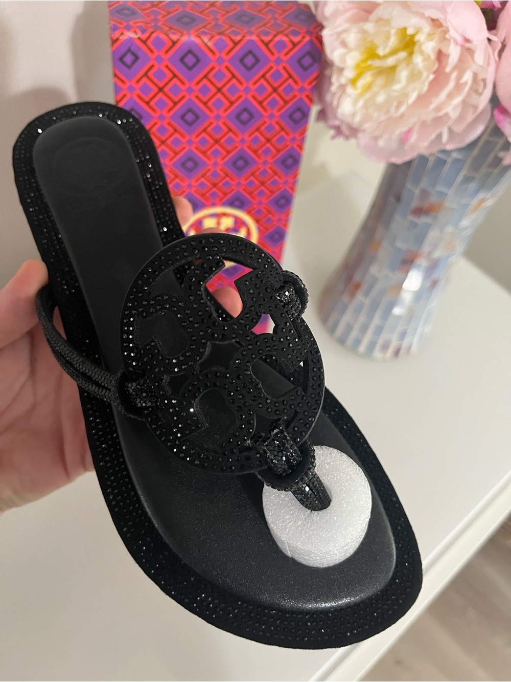 Black Crystal Logo Thong Sandal - Women